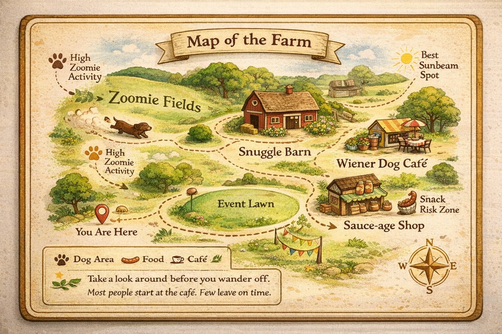 Map of the Farm: Zoomie Fields, Snuggle Barn, Wiener Dog Café, Event Lawn, and Sauce-age Shop connected by paths.